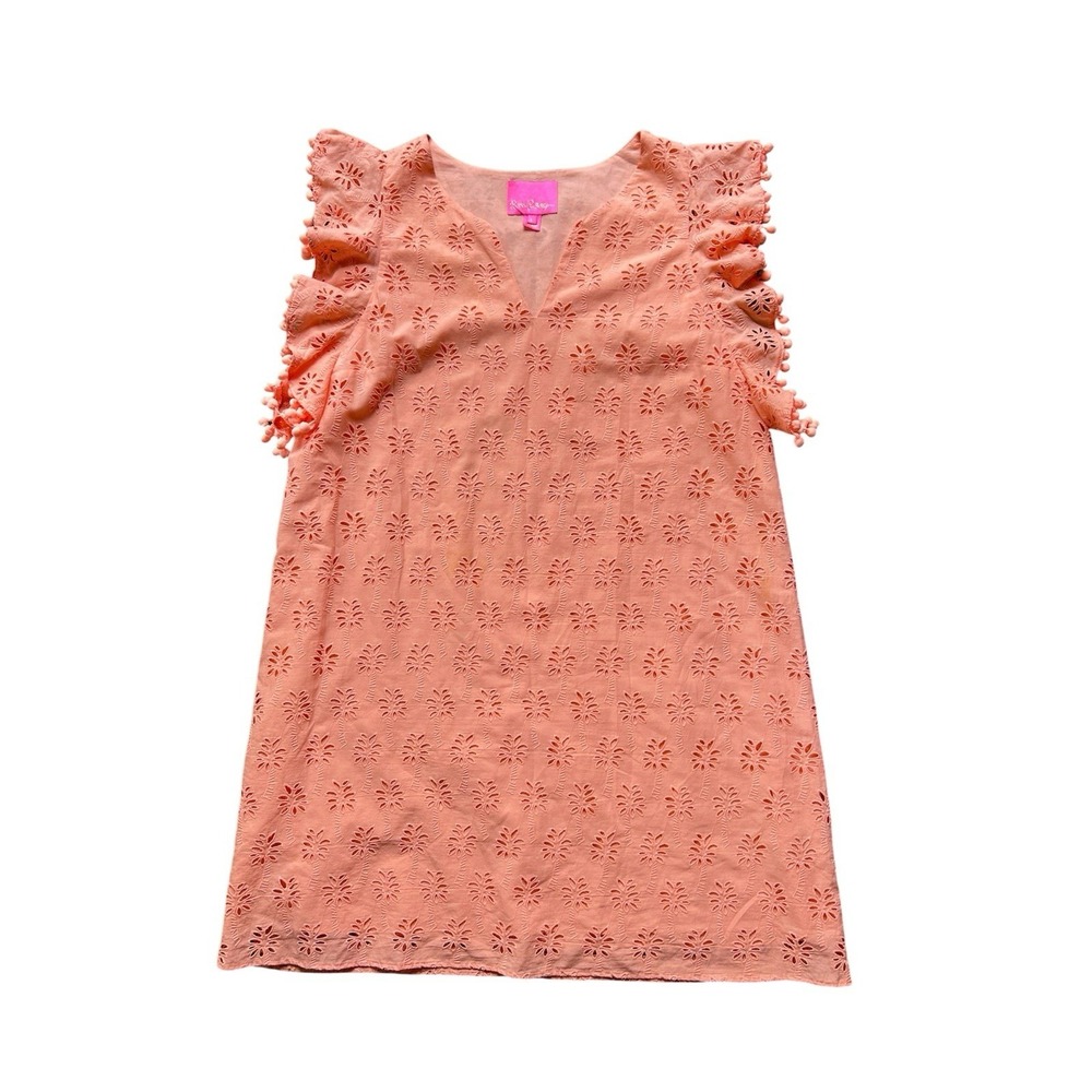 Lilly Pulitzer Astara Eyelet Shift Dress Peach Palm Tree Eyelet Pom Pom Trim M - Picture 4 of 7